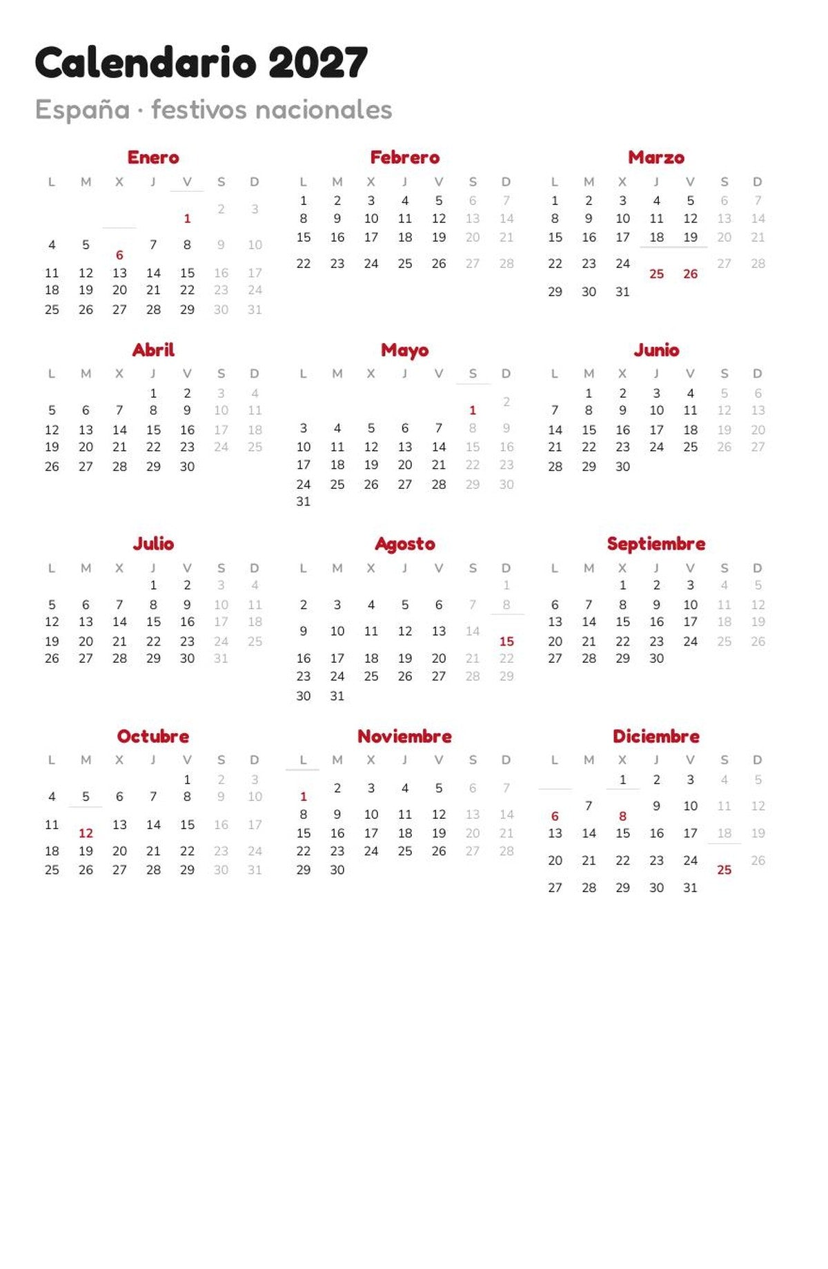 Calendario anual 2027 con los festivos nacionales de España