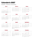 Calendario anual 2027 con los festivos nacionales de España