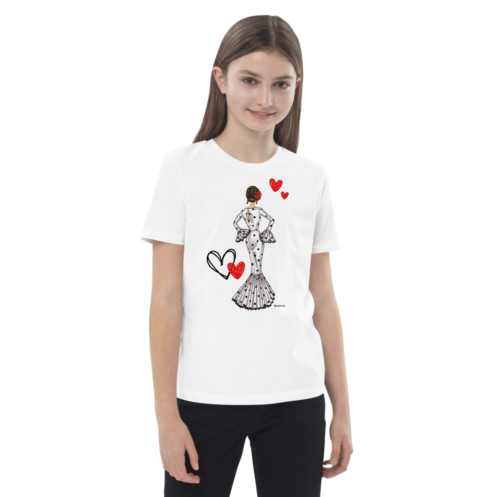 🎉3 por 2💃 Camisetas – mezcla diseños y tallas mujer + niña – Camiseta Flamenca de Niñas De Algodón 100% Orgánico  -  Modelo María vestido blanco