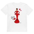 Vista trasera de la camiseta flamenca de algodón orgánico para niñas, destacando su corte cómodo y diseño chic.