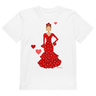 Camiseta flamenca de niñas de algodón 100% orgánico - Modelo Ana, primer plano de la camiseta que destaca el diseño flamenco colorido con corazones.