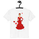 Camiseta flamenca de niñas de algodón 100% orgánico - Modelo Ana, camiseta en exhibición con un atractivo diseño flamenco y corazones.