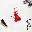 Camiseta flamenca de niñas de algodón 100% orgánico - Modelo Ana, camiseta mostrando un dibujo de flamenca colorido sobre fondo blanco.