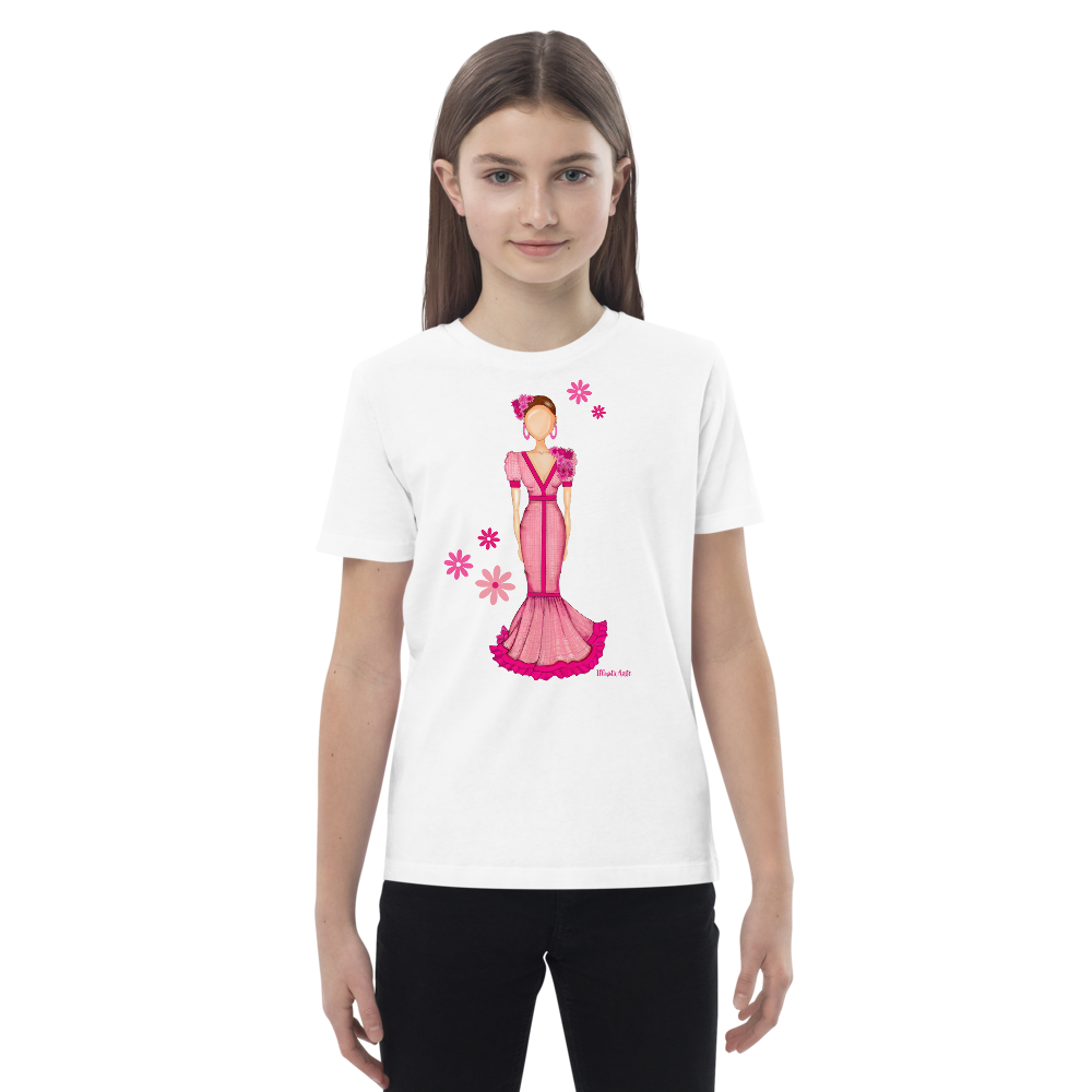 Camiseta Flamenca de Niñas De Algodón 100% Orgánico - Modelo Isabel en color rosa, perfecta para pequeñas amantes de la moda.