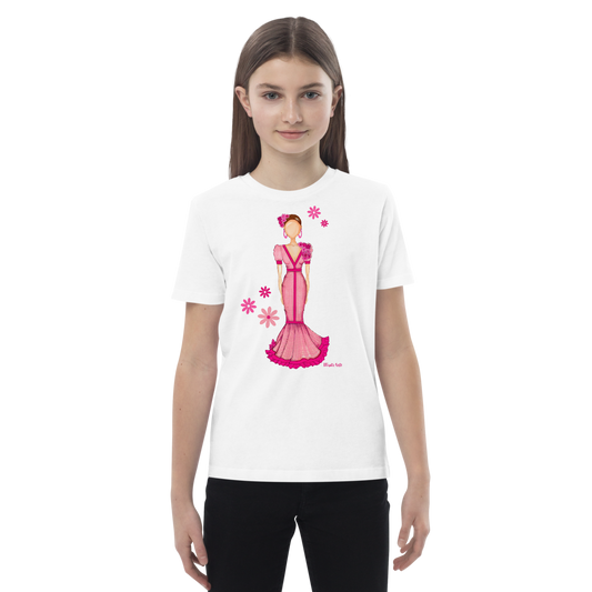 Camiseta Flamenca de Niñas De Algodón 100% Orgánico - Modelo Isabel en color rosa, perfecta para pequeñas amantes de la moda.