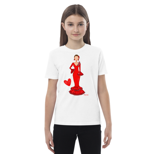 Detalles de la Camiseta Flamenca de Niñas De Algodón 100% Orgánico - Modelo Verónica, resaltando su textura suave y diseño flamenco.