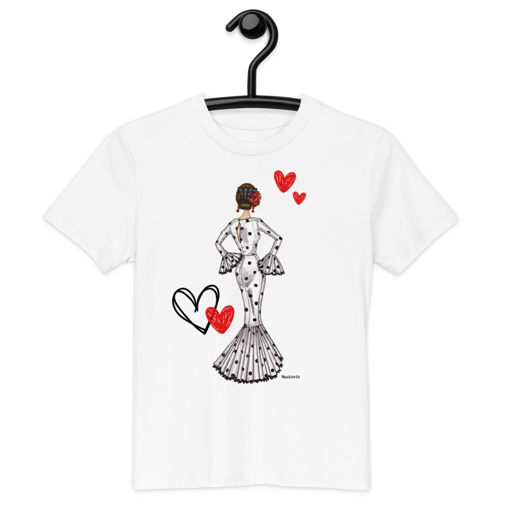 🎉3 por 2💃 Camisetas – mezcla diseños y tallas mujer + niña – Camiseta Flamenca de Niñas De Algodón 100% Orgánico  -  Modelo María vestido blanco
