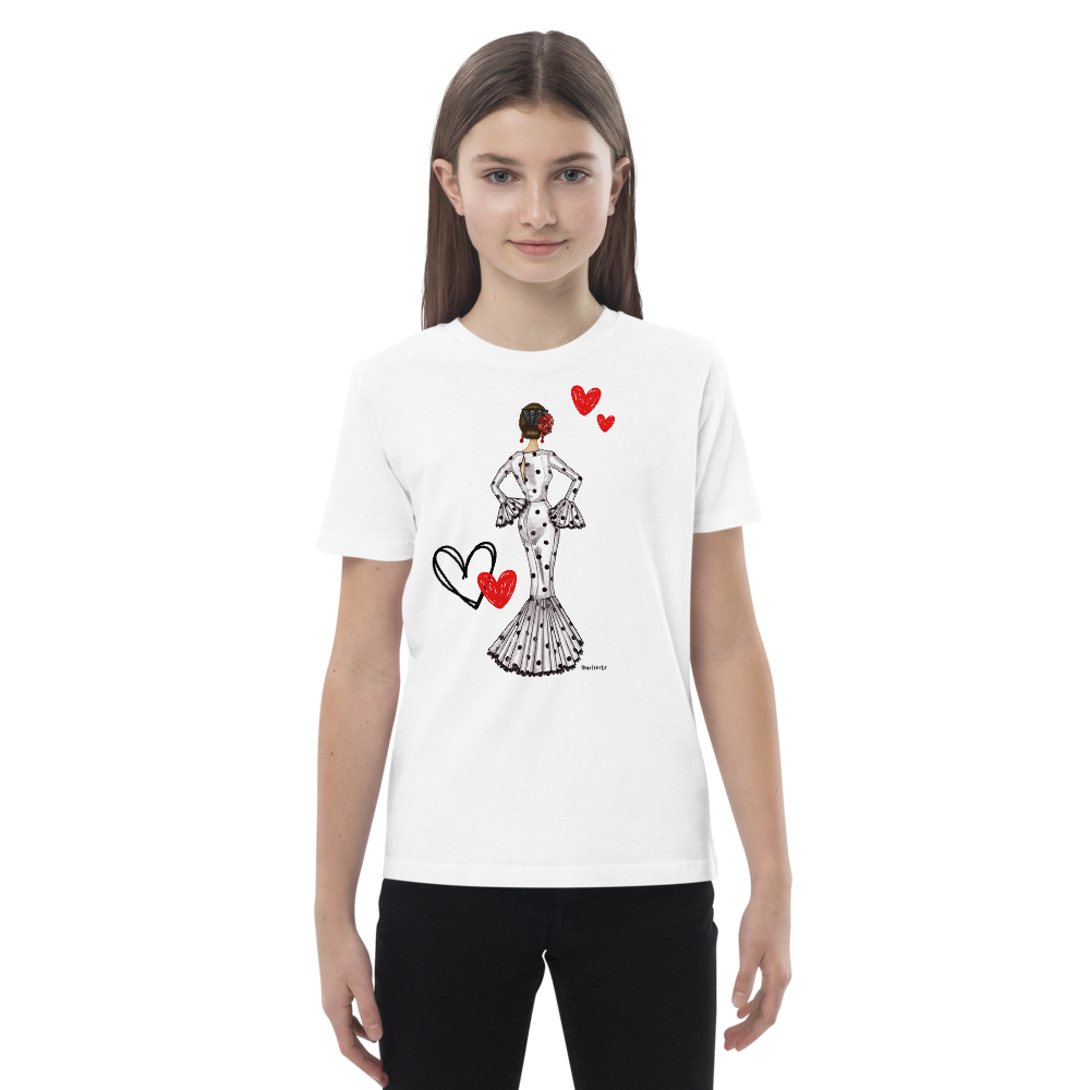 🎉3 por 2💃 Camisetas – mezcla diseños y tallas mujer + niña – Camiseta Flamenca de Niñas De Algodón 100% Orgánico  -  Modelo María vestido blanco