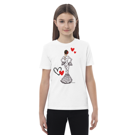🎉3 por 2💃 Camisetas – mezcla diseños y tallas mujer + niña – Camiseta Flamenca de Niñas De Algodón 100% Orgánico  -  Modelo María vestido blanco