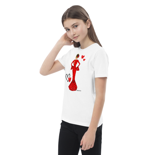 Camiseta Flamenca de Niñas De Algodón 100% Orgánico - Modelo María en vestido rojo, mostrando un diseño alegre y moderno.