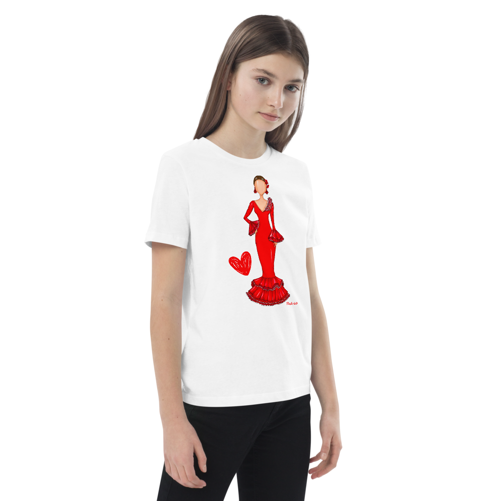 Camiseta Flamenca de Niñas De Algodón 100% Orgánico - Modelo Verónica en exhibición, destacando su confección ética y sostenible.