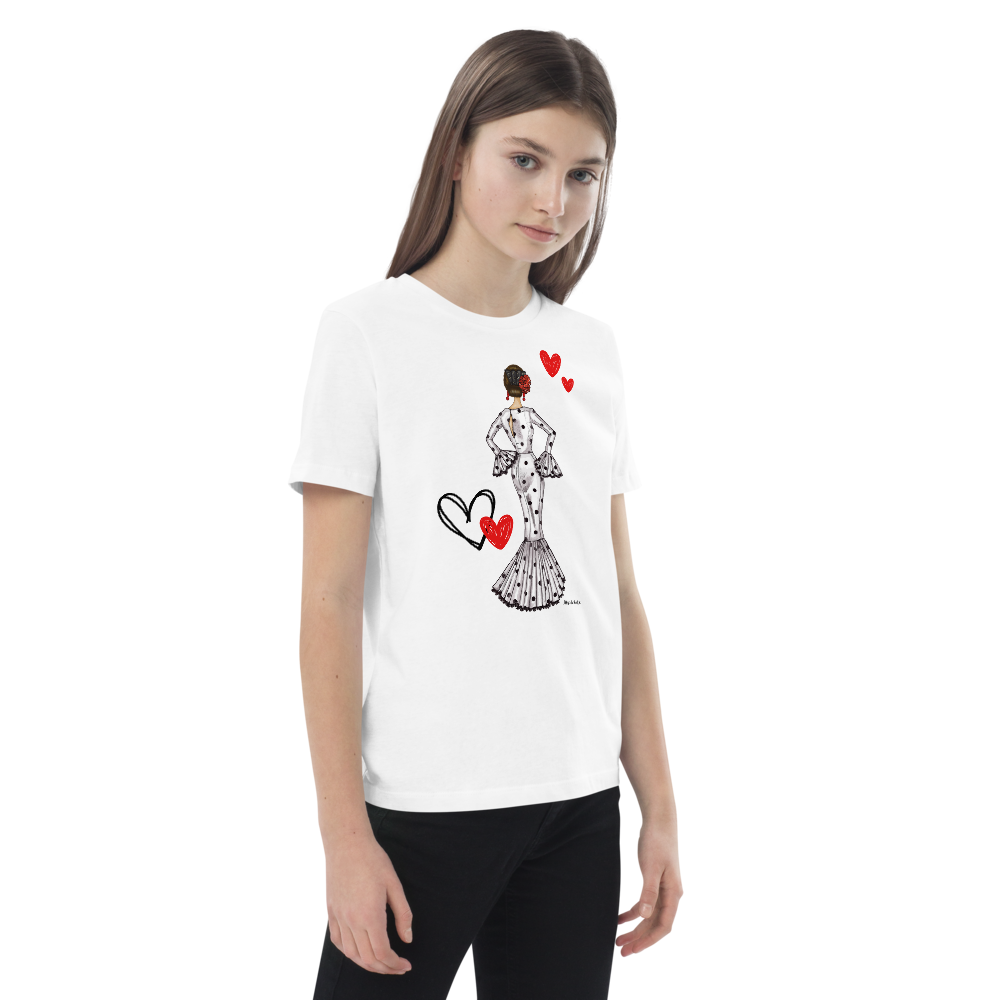 🎉3 por 2💃 Camisetas – mezcla diseños y tallas mujer + niña – Camiseta Flamenca de Niñas De Algodón 100% Orgánico  -  Modelo María vestido blanco