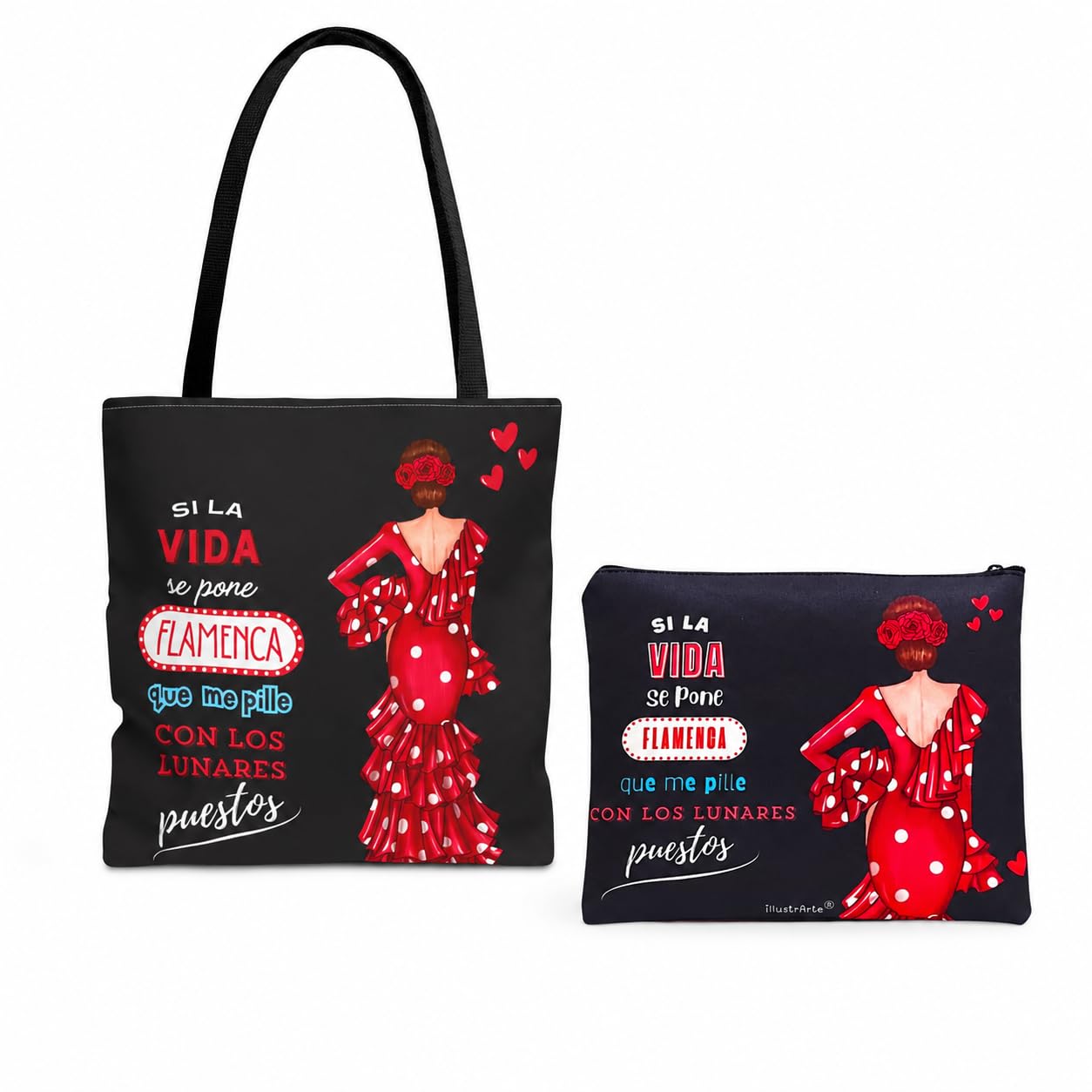 Pack bolso Málaga 43x43 cm + neceser Granada 22x17 cm illustrArte – Macarena con frase