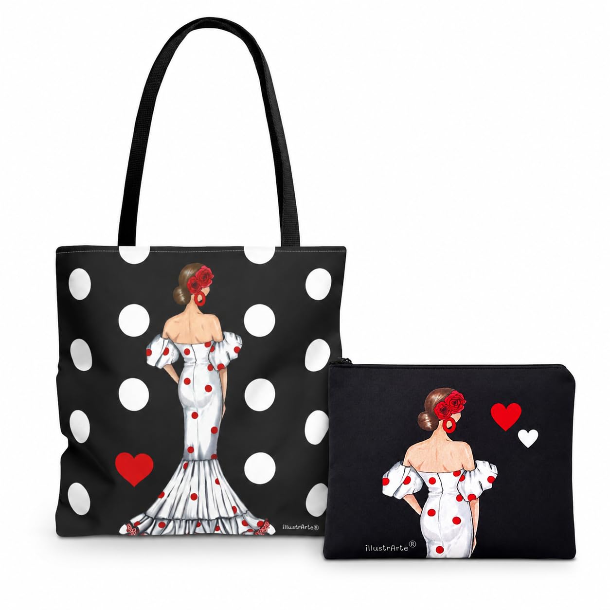 Pack bolso Málaga 43x43 cm + neceser Granada 22x17 cm illustrArte – Maite lunares con neceser liso