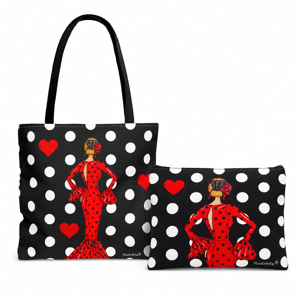 Pack bolso Málaga 43x43 cm + neceser Granada 22x17 cm illustrArte – María Rojo con lunares