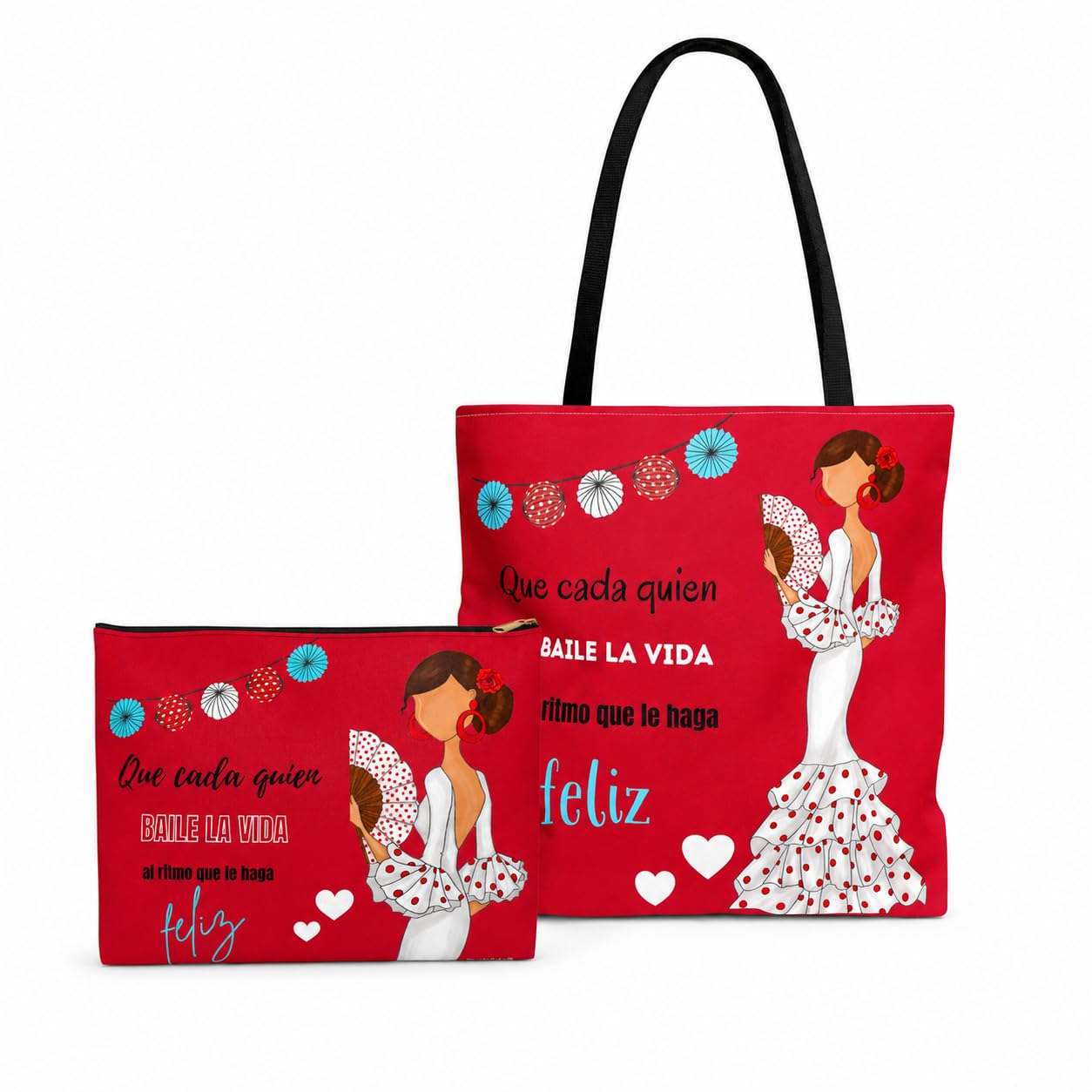 Pack bolso Málaga 43x43 cm + neceser Granada 22x17 cm illustrArte – Pepa Feliz con neceser rojo