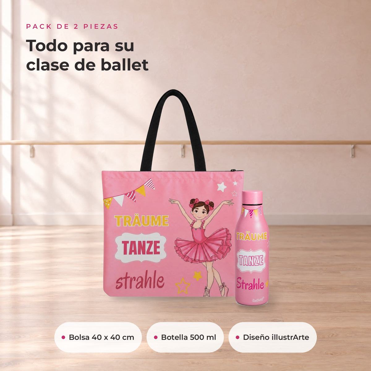 Pack Botella Térmica Bailarina + Bolsa de Ballet – diseño Marina (Träume, Tanze, Strahle) – qué incluye
