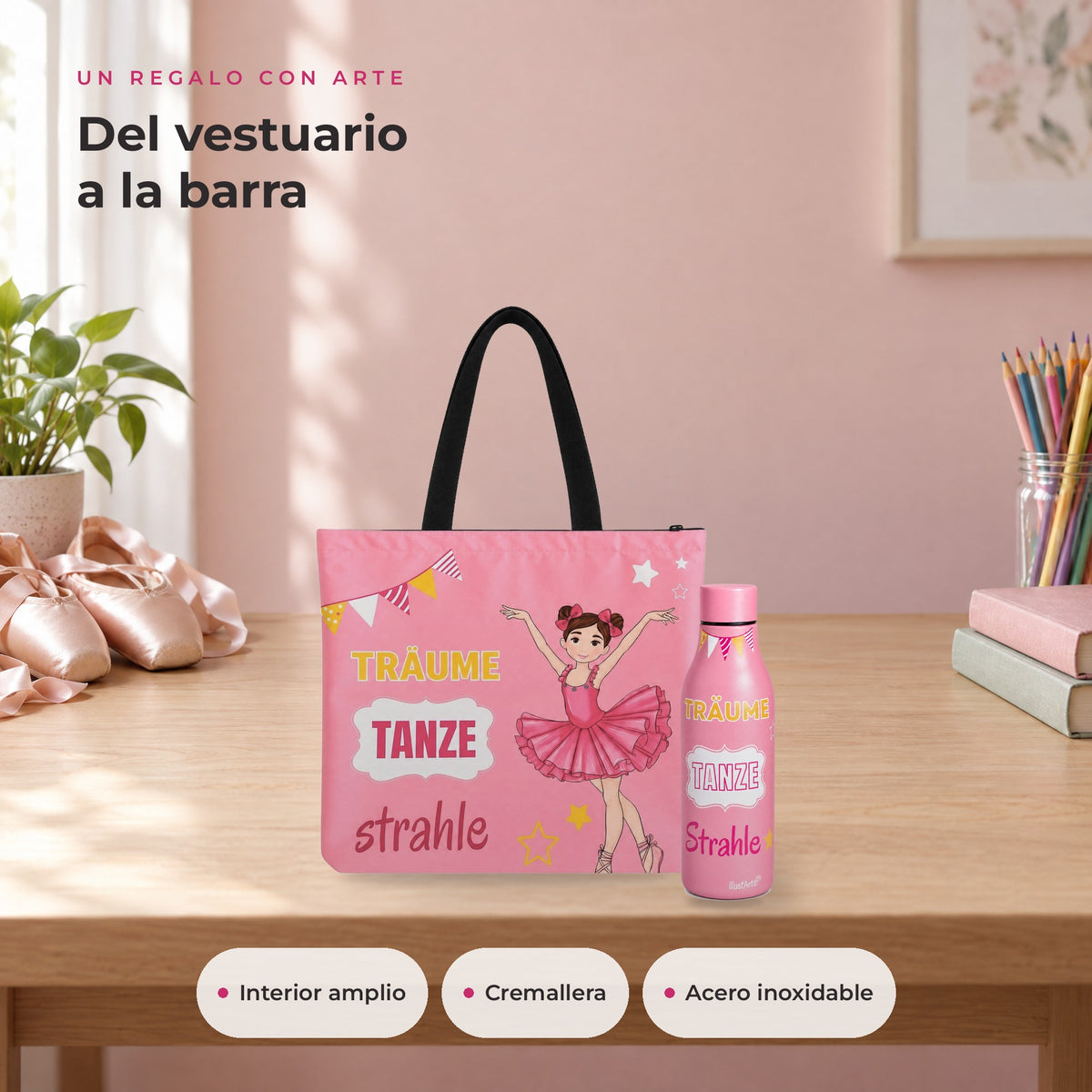 Pack Botella Térmica Bailarina + Bolsa de Ballet – diseño Marina (Träume, Tanze, Strahle) – ambiente
