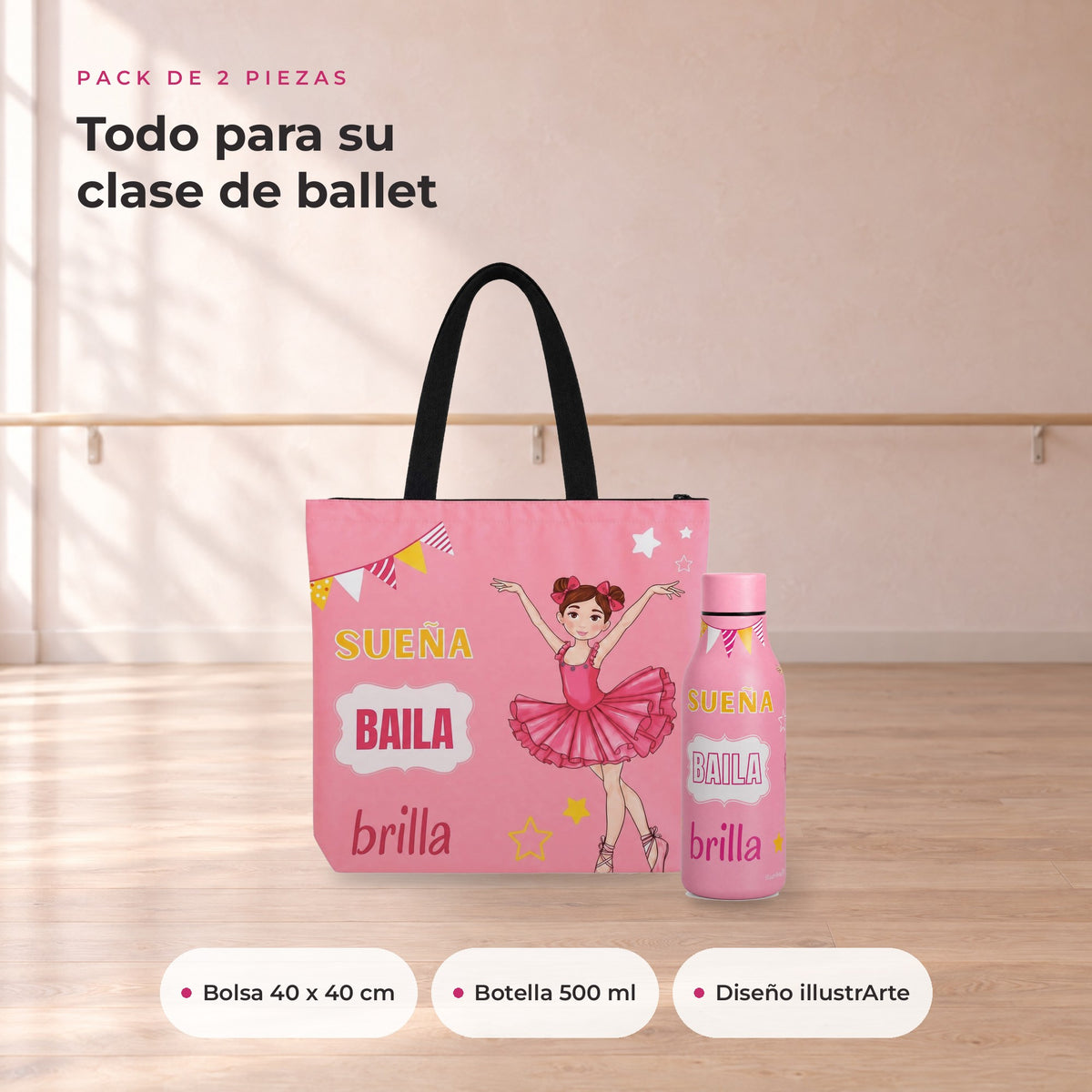 Pack Botella Térmica Bailarina + Bolsa de Ballet – diseño Marina (Sueña, Baila, Brilla) – qué incluye