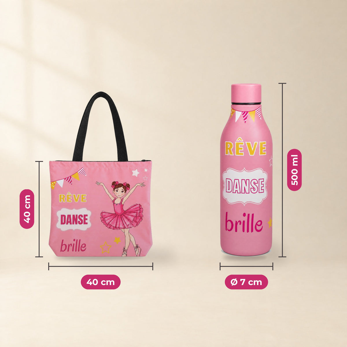 Pack Botella Térmica Bailarina + Bolsa de Ballet – diseño Marina (Rêve, Danse, Brille) – medidas