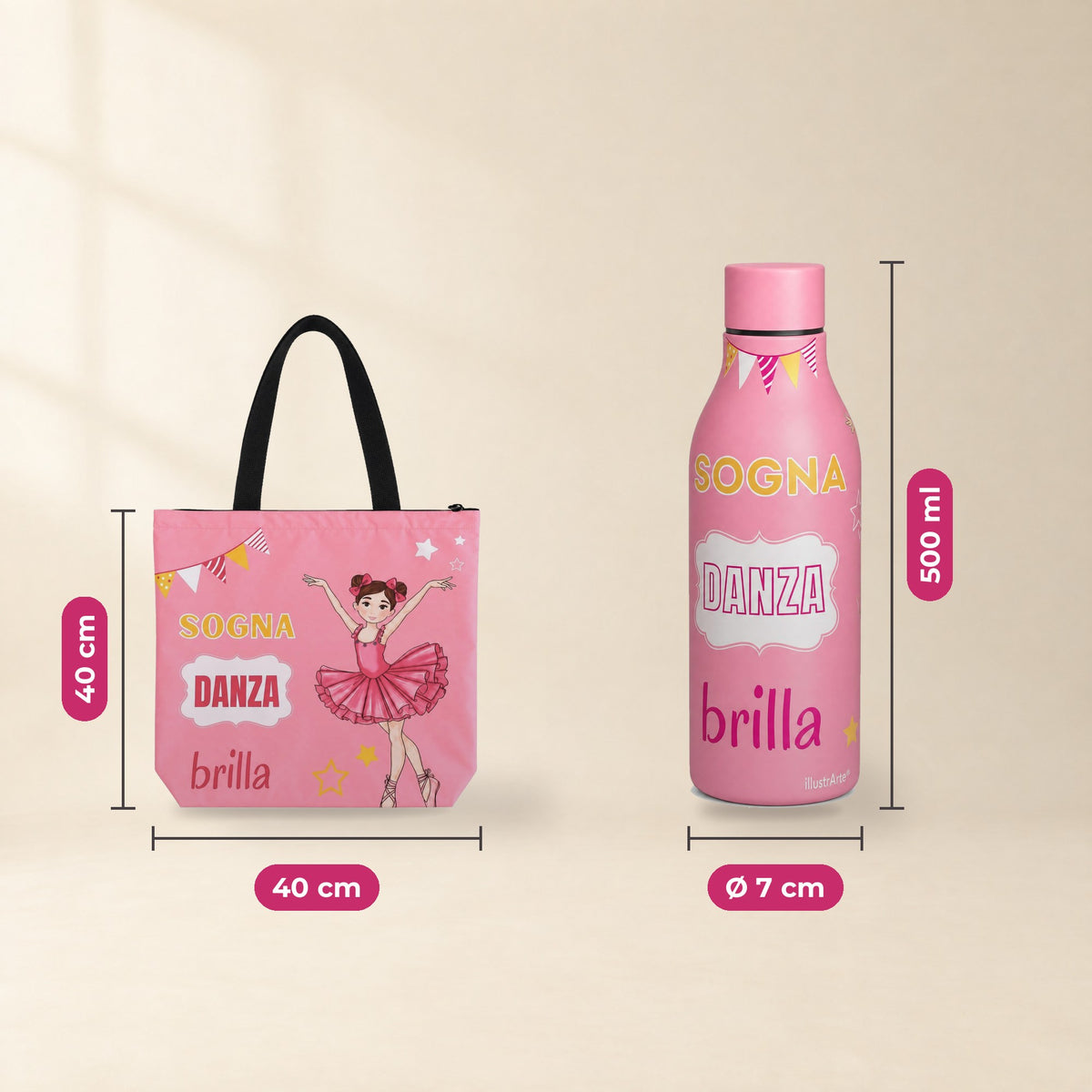 Pack Botella Térmica Bailarina + Bolsa de Ballet – diseño Marina (Sogna, Danza, Brilla) – medidas