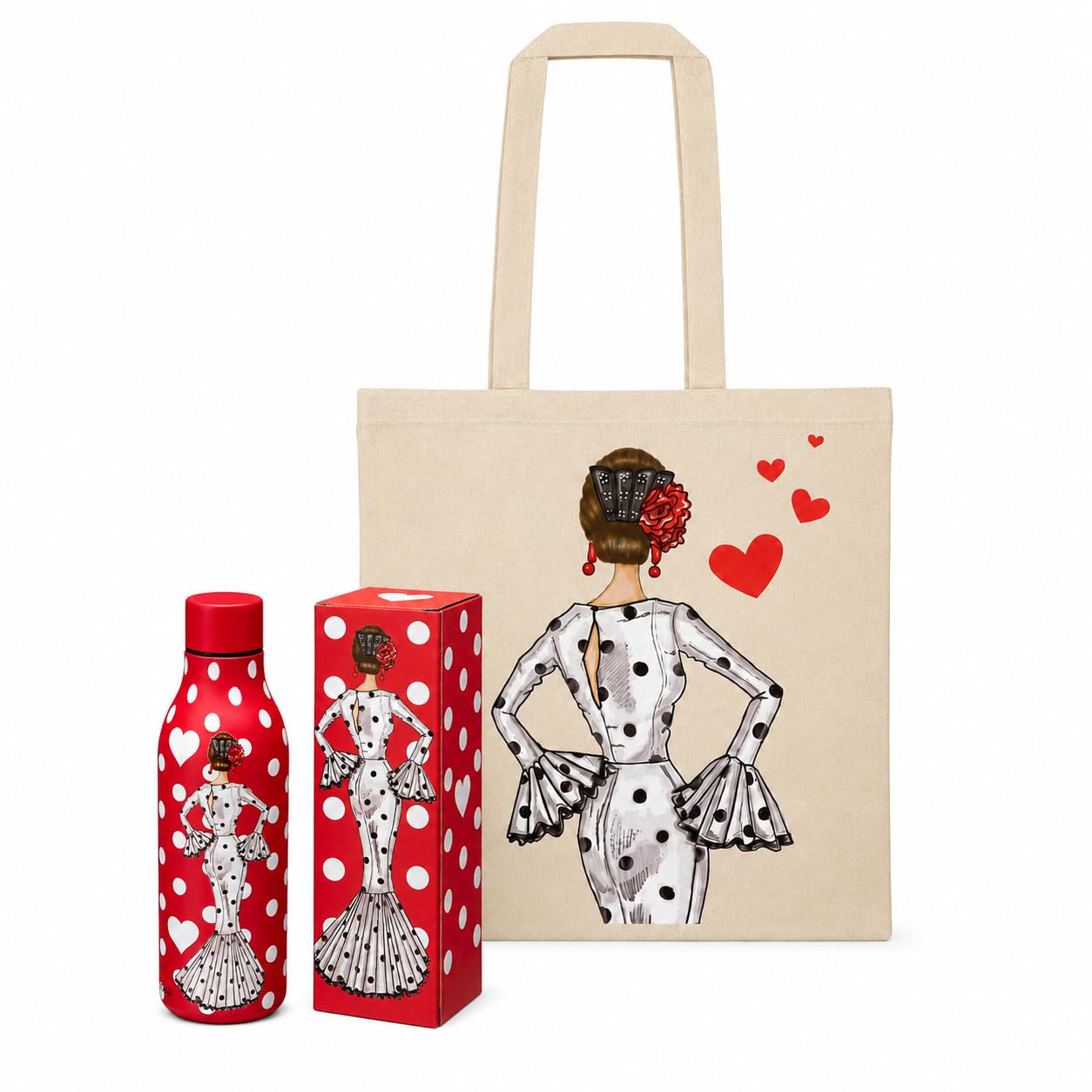 Pack botella térmica 500 ml + bolsa tote Cádiz 38x42 cm illustrArte – botella María Blanco fondo rojo, bolsa María Blanco
