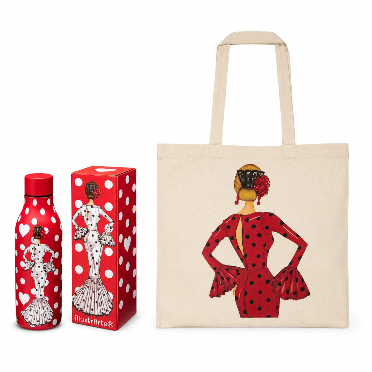 Pack botella térmica 500 ml + bolsa tote Cádiz 38x42 cm illustrArte – botella María Blanco fondo rojo, bolsa María Rojo