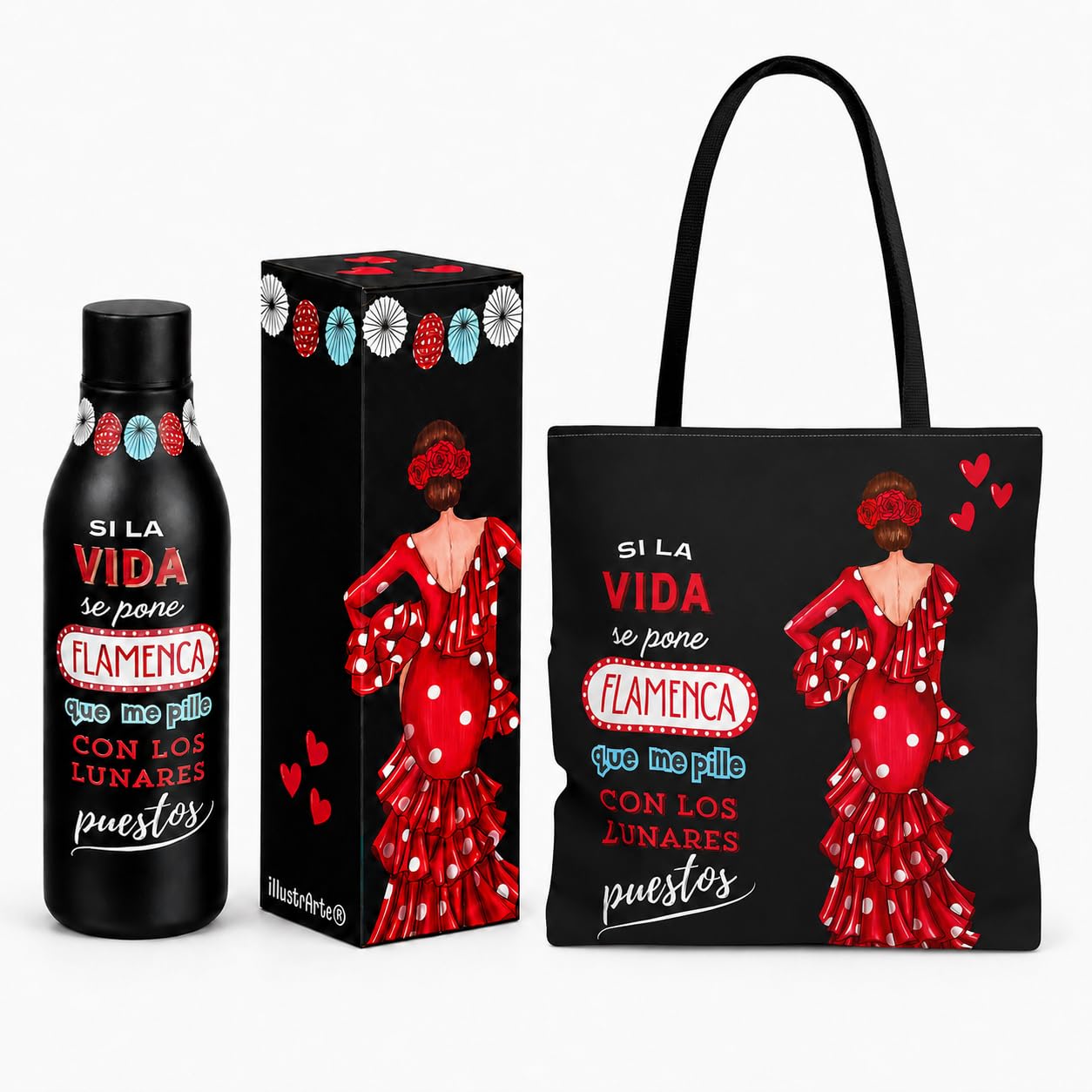 Pack botella térmica 500 ml + bolso tote Málaga 43x43 cm illustrArte – Macarena con frase