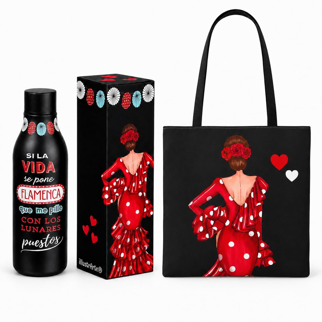 Pack botella térmica 500 ml + bolso tote Málaga 43x43 cm illustrArte – Macarena negro liso