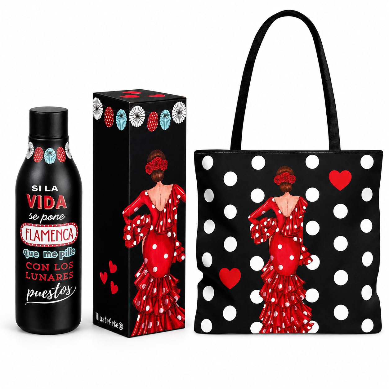 Pack botella térmica 500 ml + bolso tote Málaga 43x43 cm illustrArte – diseño Macarena con lunares