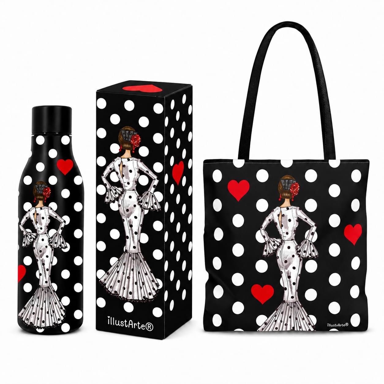 Pack botella térmica 500 ml + bolso tote Málaga 43x43 cm illustrArte – María Blanco fondo negro