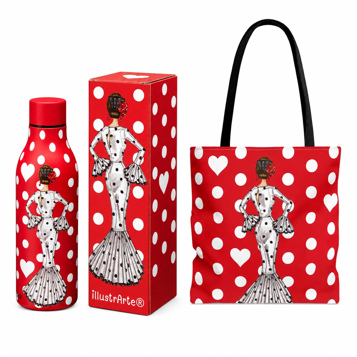 Pack botella térmica 500 ml + bolso tote Málaga 43x43 cm illustrArte – María Blanco fondo rojo