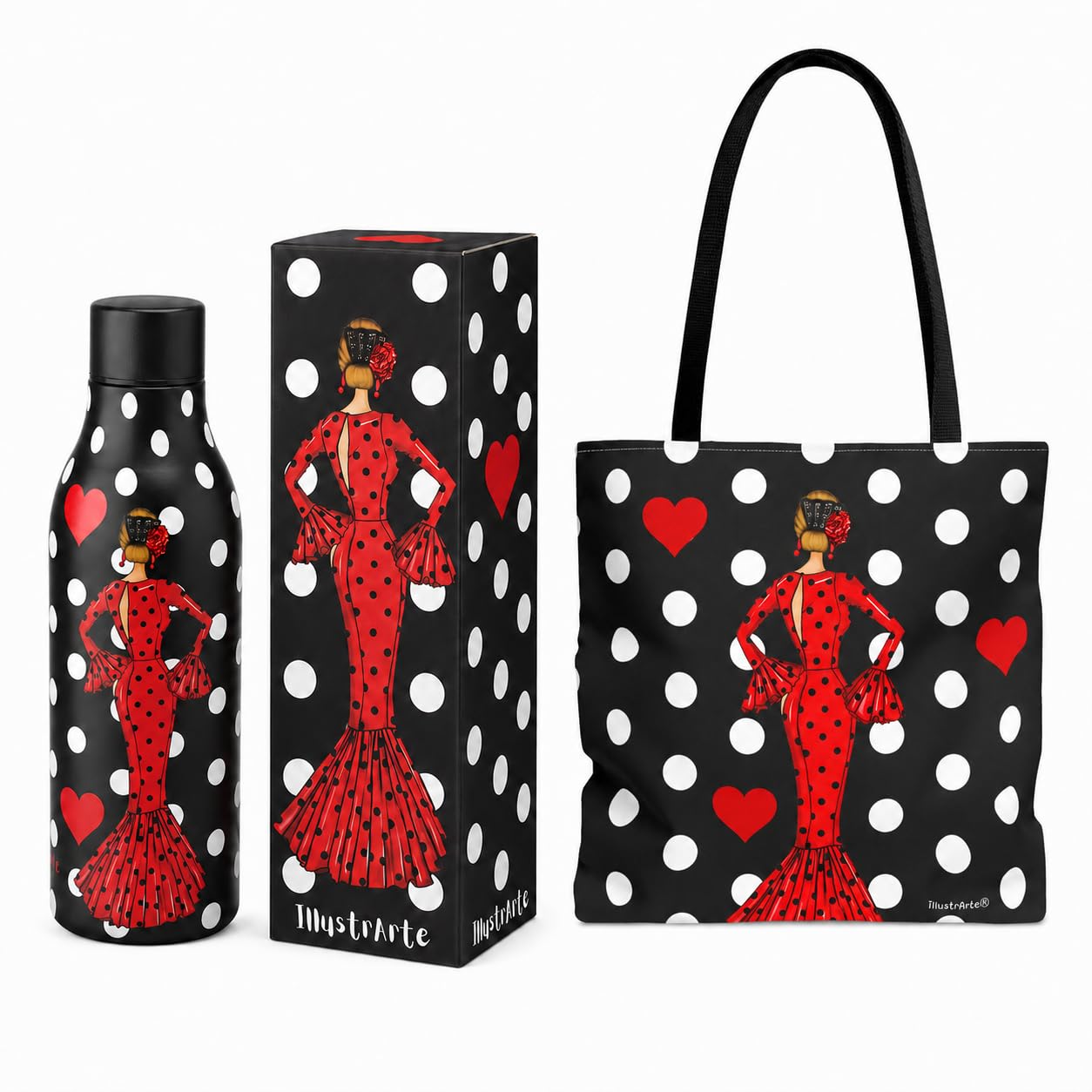 Pack botella térmica 500 ml + bolso tote Málaga 43x43 cm illustrArte – María Rojo fondo negro