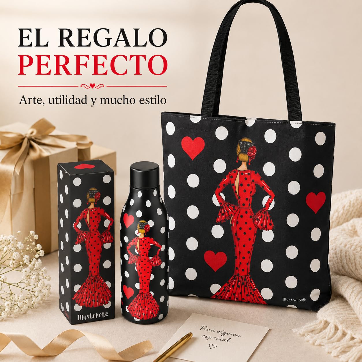 Pack botella + bolso Málaga María Rojo fondo negro – vista 2
