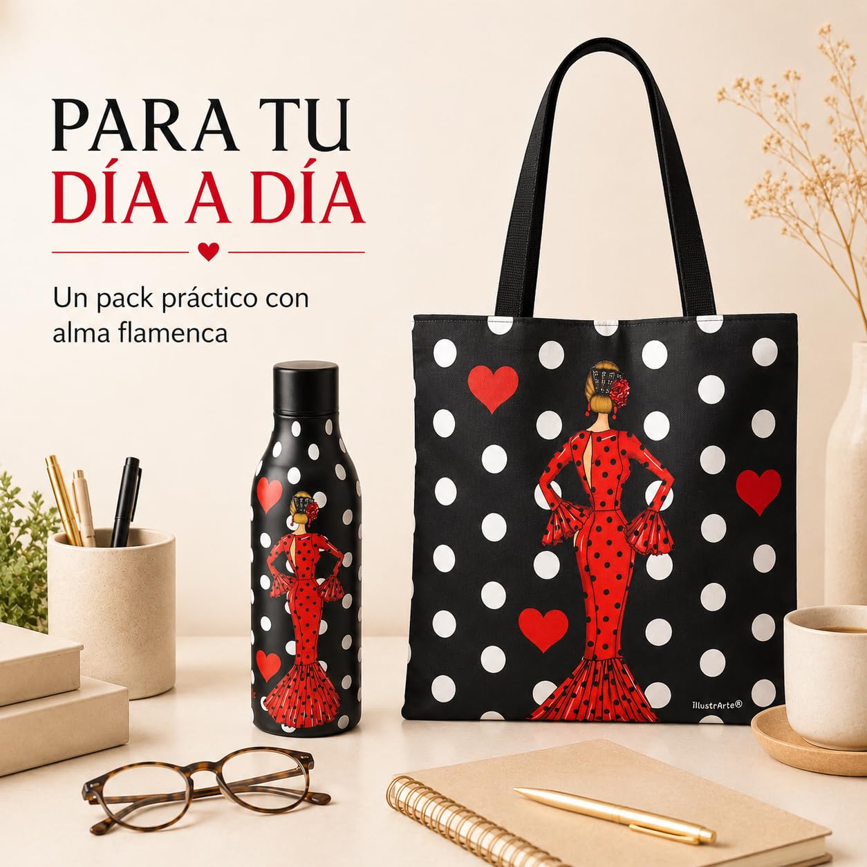 Pack botella + bolso Málaga María Rojo fondo negro – vista 5