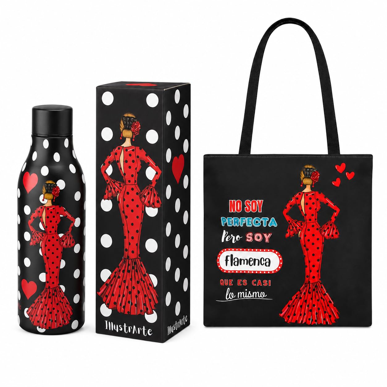 Pack botella térmica 500 ml + bolso tote Málaga 43x43 cm illustrArte – María Rojo con frase