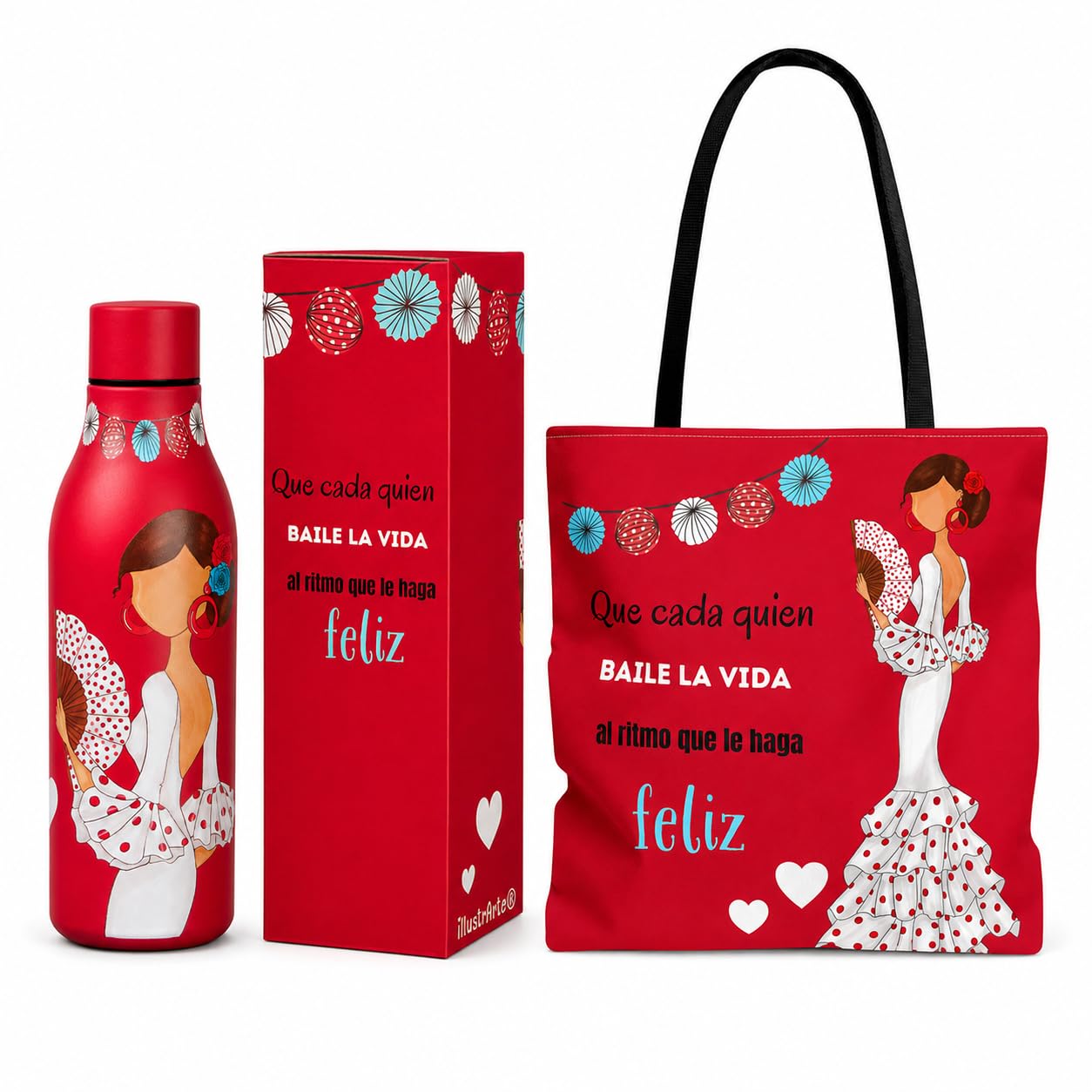 Pack botella térmica 500 ml + bolso tote Málaga 43x43 cm illustrArte – diseño Pepa Feliz