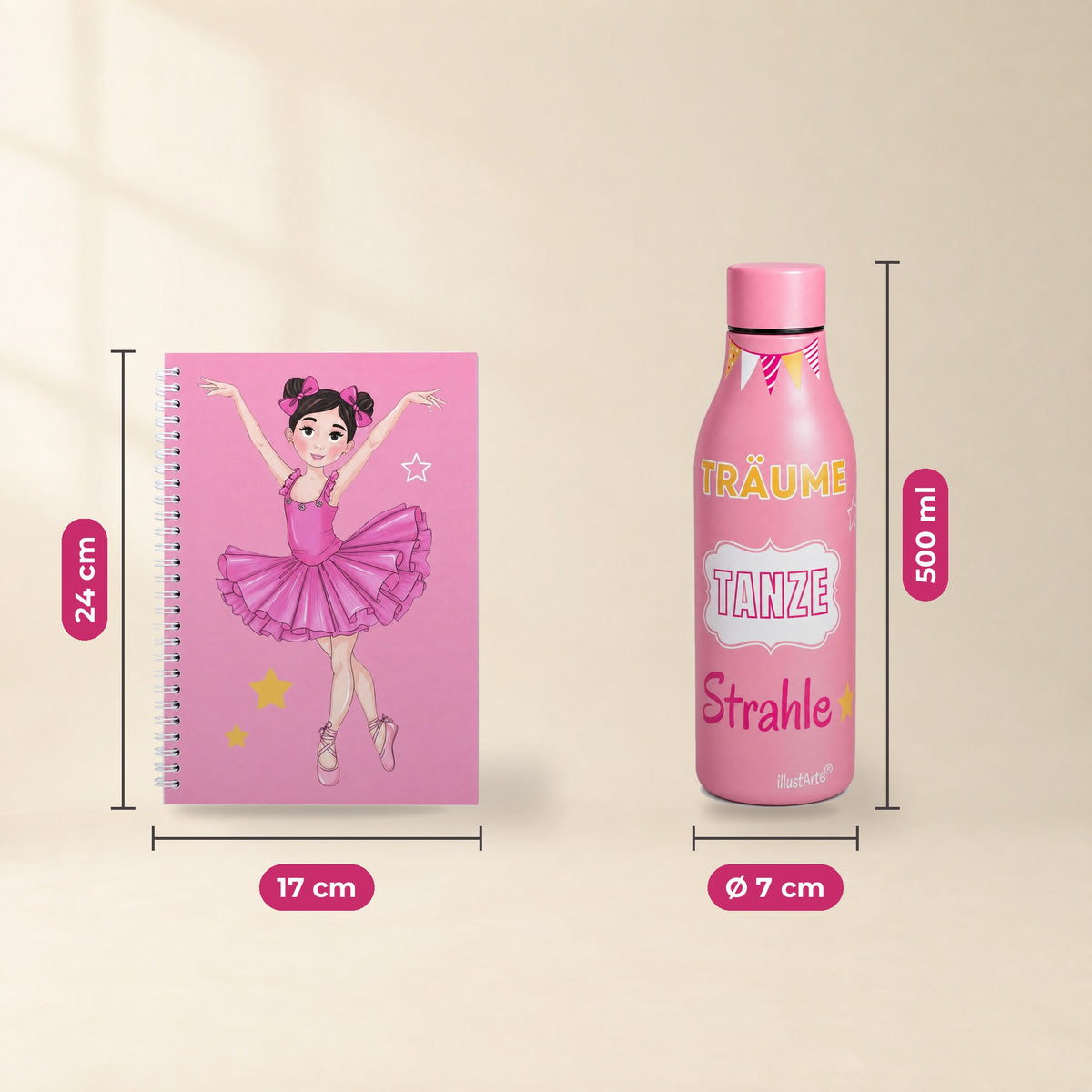 Pack Botella Térmica Bailarina + Libreta – diseño Marina (Träume, Tanze, Strahle) – medidas