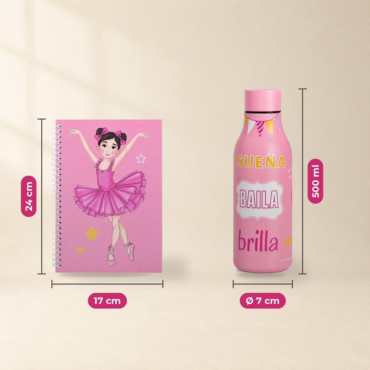 Pack Botella Térmica Bailarina + Libreta – diseño Marina (Sueña, Baila, Brilla) – medidas