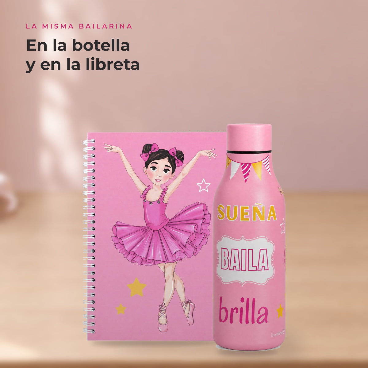 Pack Botella Térmica Bailarina + Libreta – diseño Marina (Sueña, Baila, Brilla) – detalle