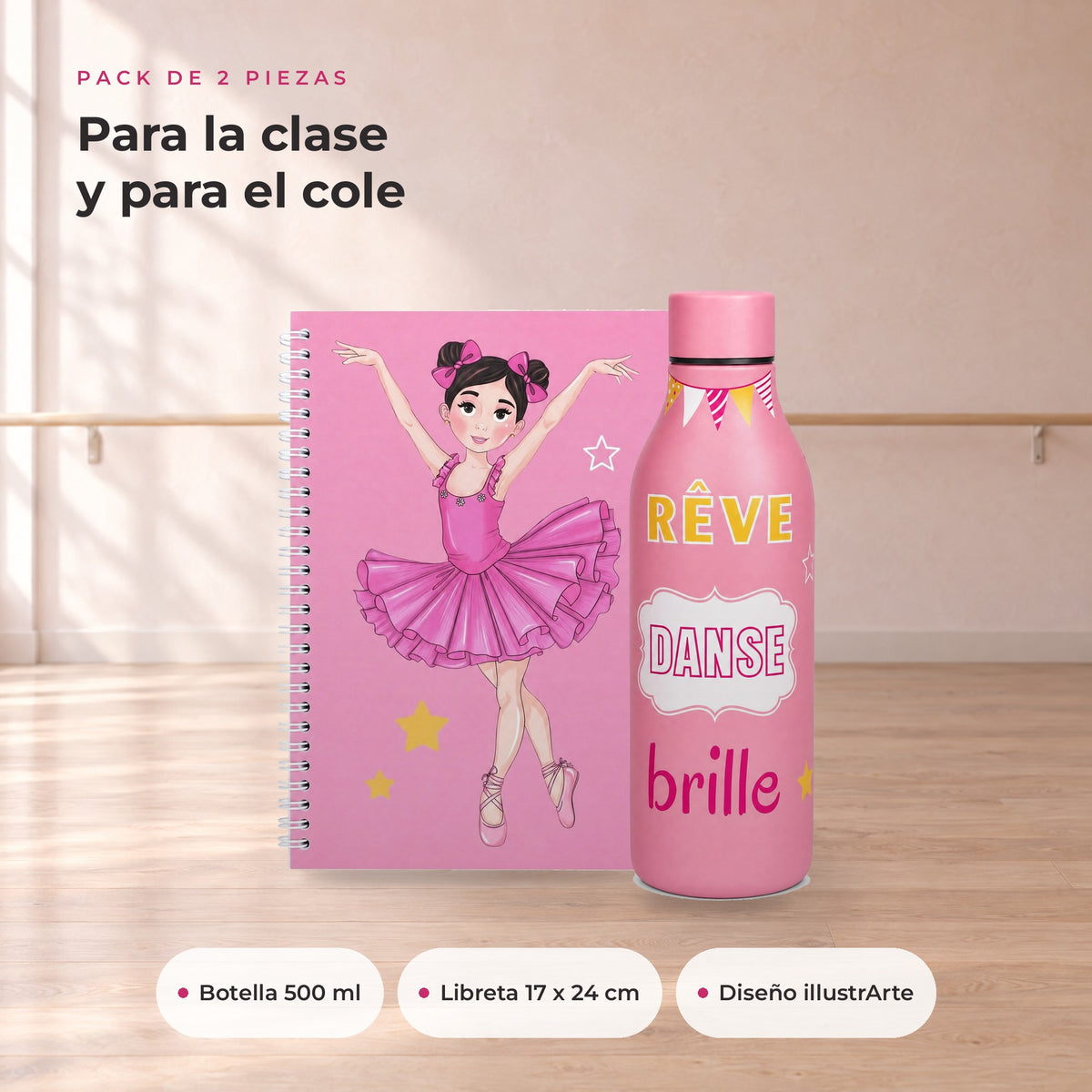 Pack Botella Térmica Bailarina + Libreta – diseño Marina (Rêve, Danse, Brille) – qué incluye