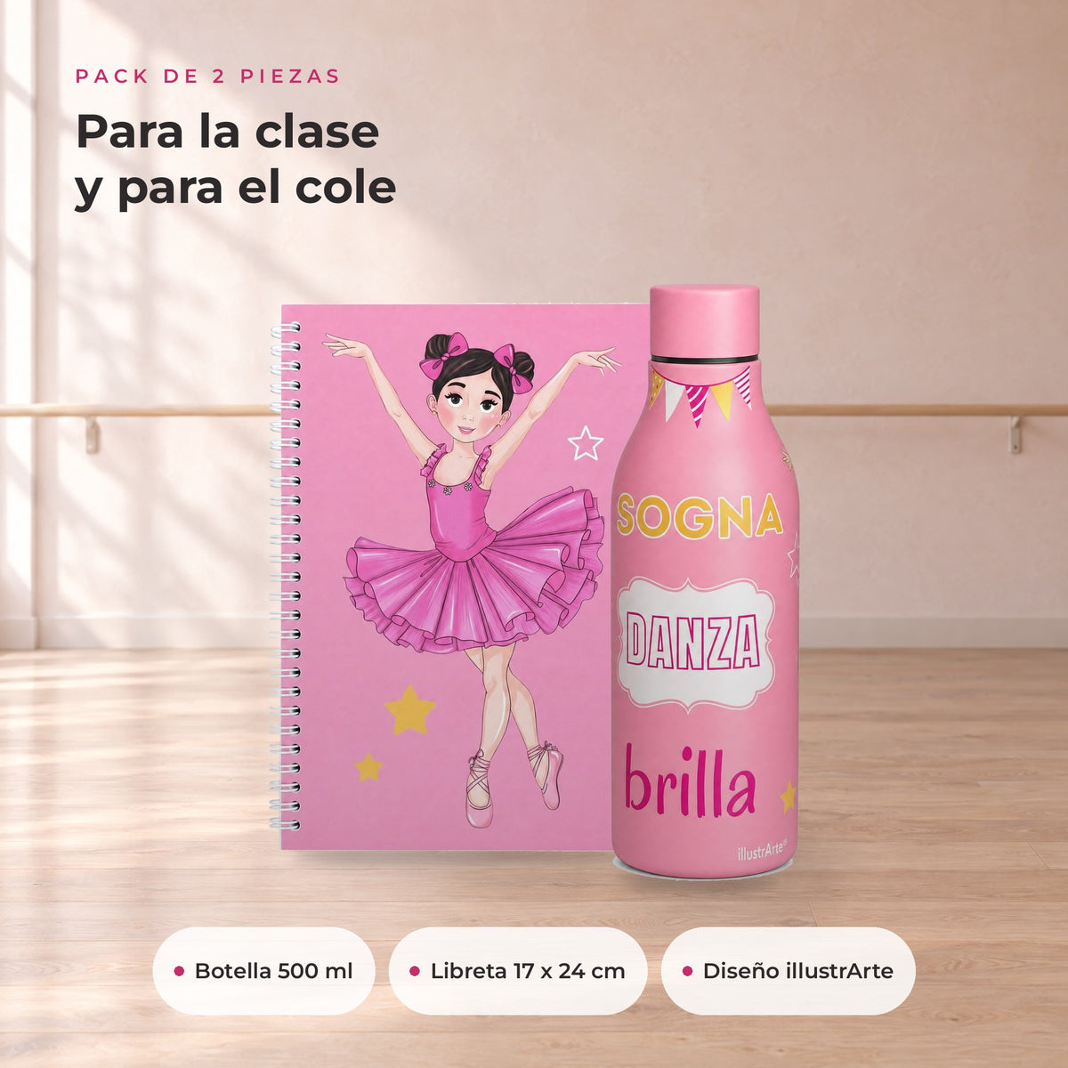 Pack Botella Térmica Bailarina + Libreta – diseño Marina (Sogna, Danza, Brilla) – qué incluye