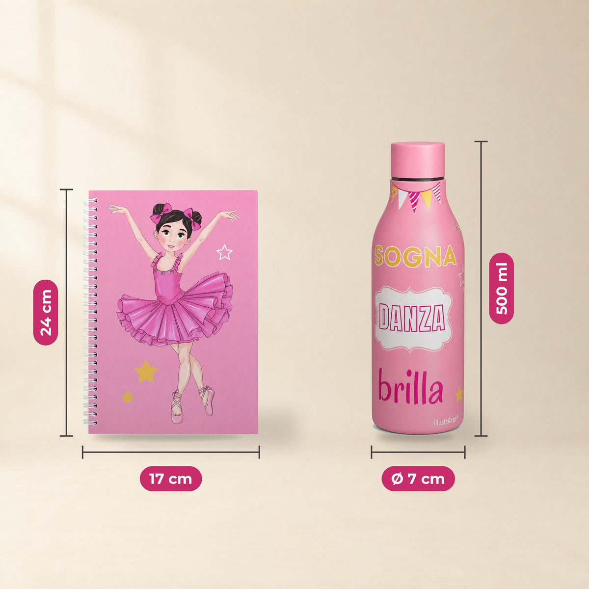 Pack Botella Térmica Bailarina + Libreta – diseño Marina (Sogna, Danza, Brilla) – medidas