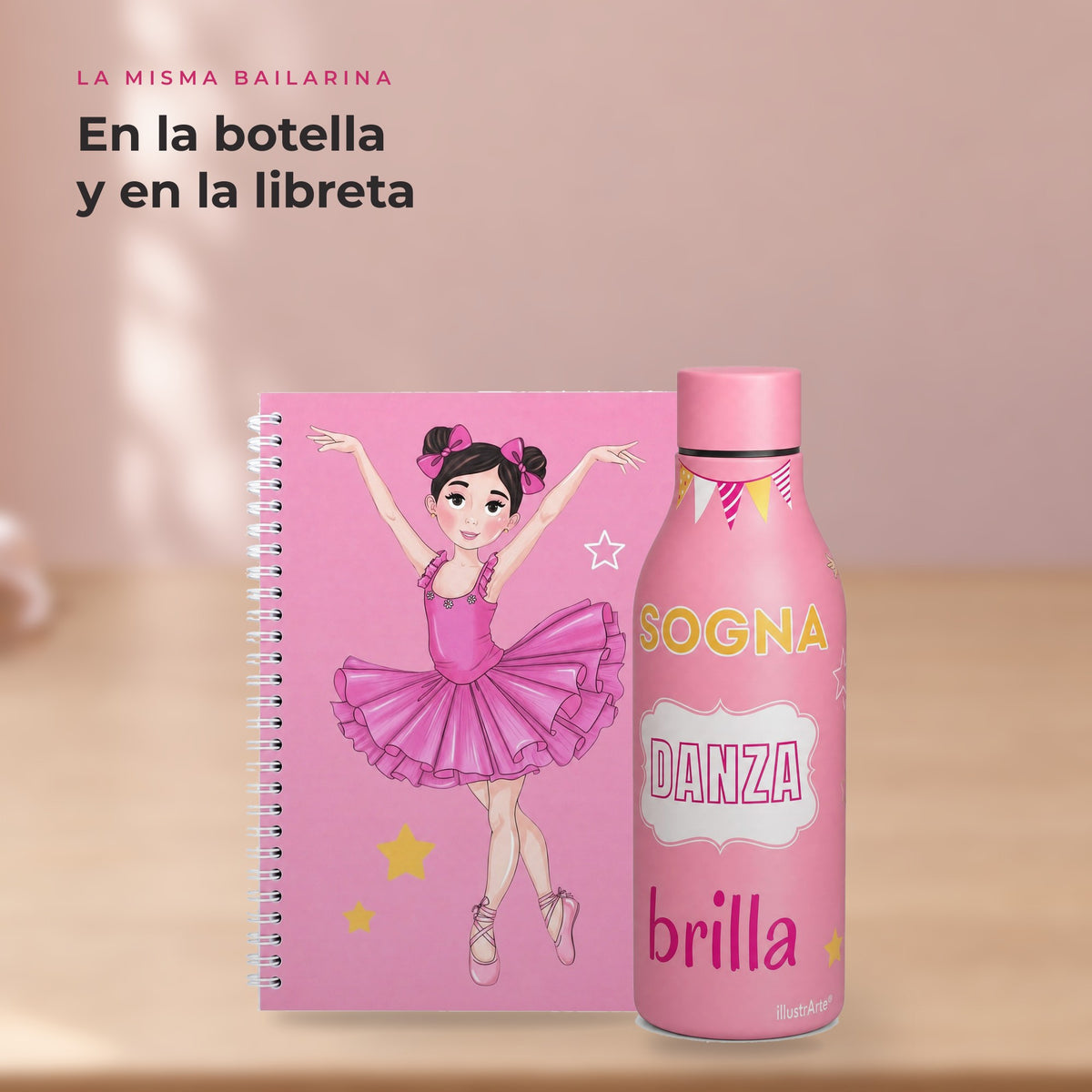 Pack Botella Térmica Bailarina + Libreta – diseño Marina (Sogna, Danza, Brilla) – detalle