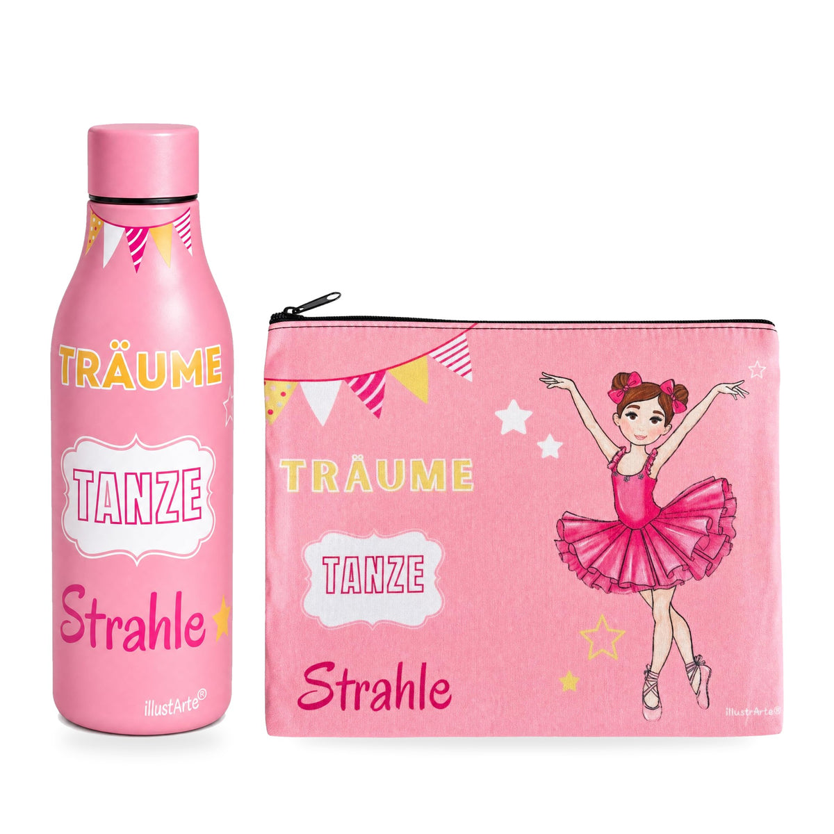 Pack Botella Térmica Bailarina + Neceser Granada – diseño Marina (Träume, Tanze, Strahle)