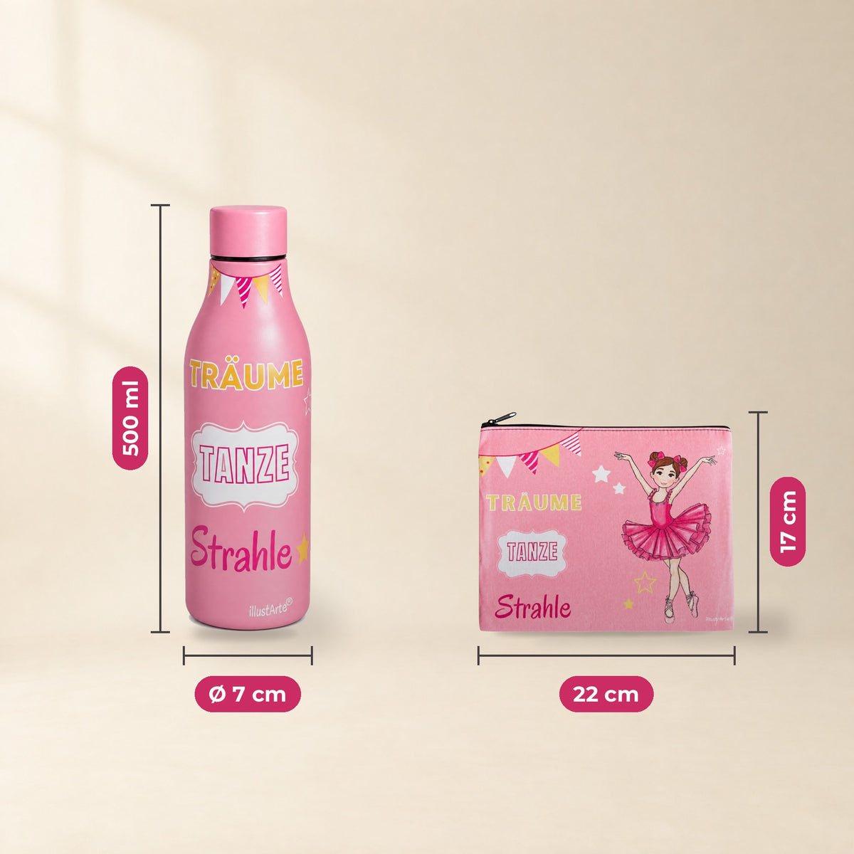 Pack Botella Térmica Bailarina + Neceser Granada – diseño Marina (Träume, Tanze, Strahle) – medidas