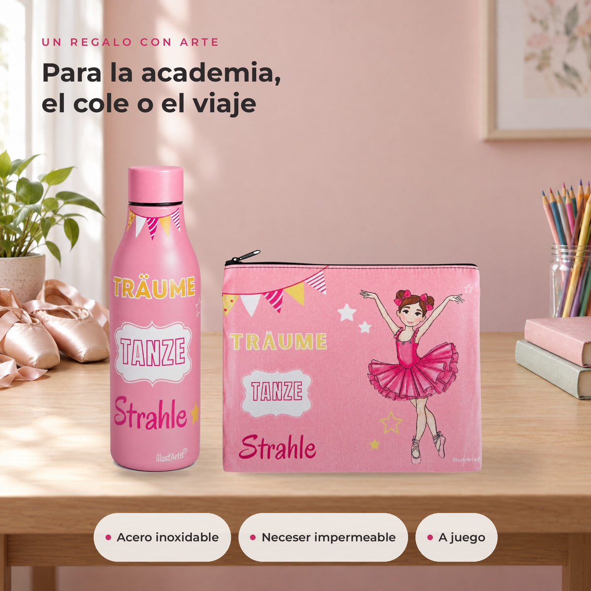 Pack Botella Térmica Bailarina + Neceser Granada – diseño Marina (Träume, Tanze, Strahle) – ambiente