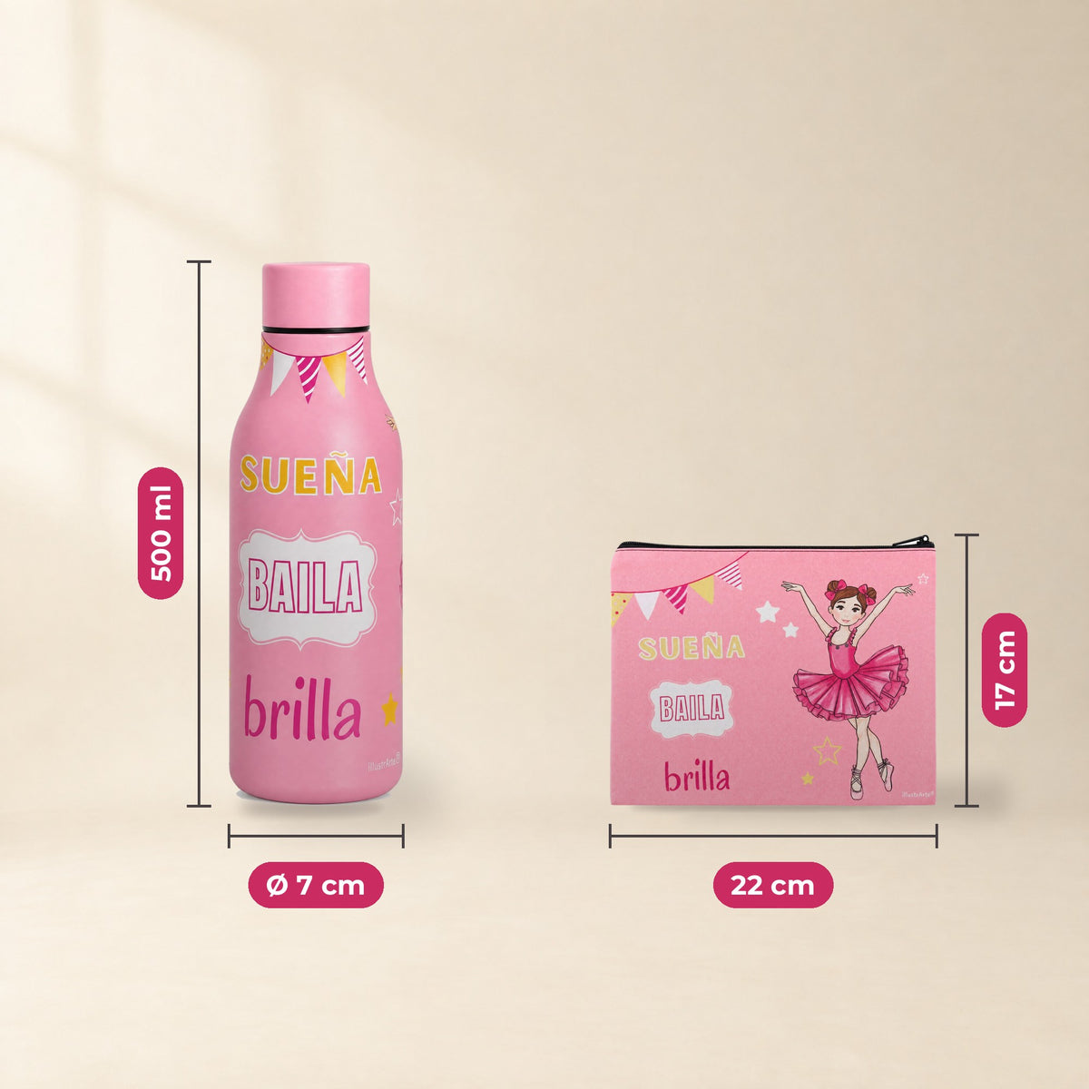 Pack Botella Térmica Bailarina + Neceser Granada – diseño Marina (Sueña, Baila, Brilla) – medidas