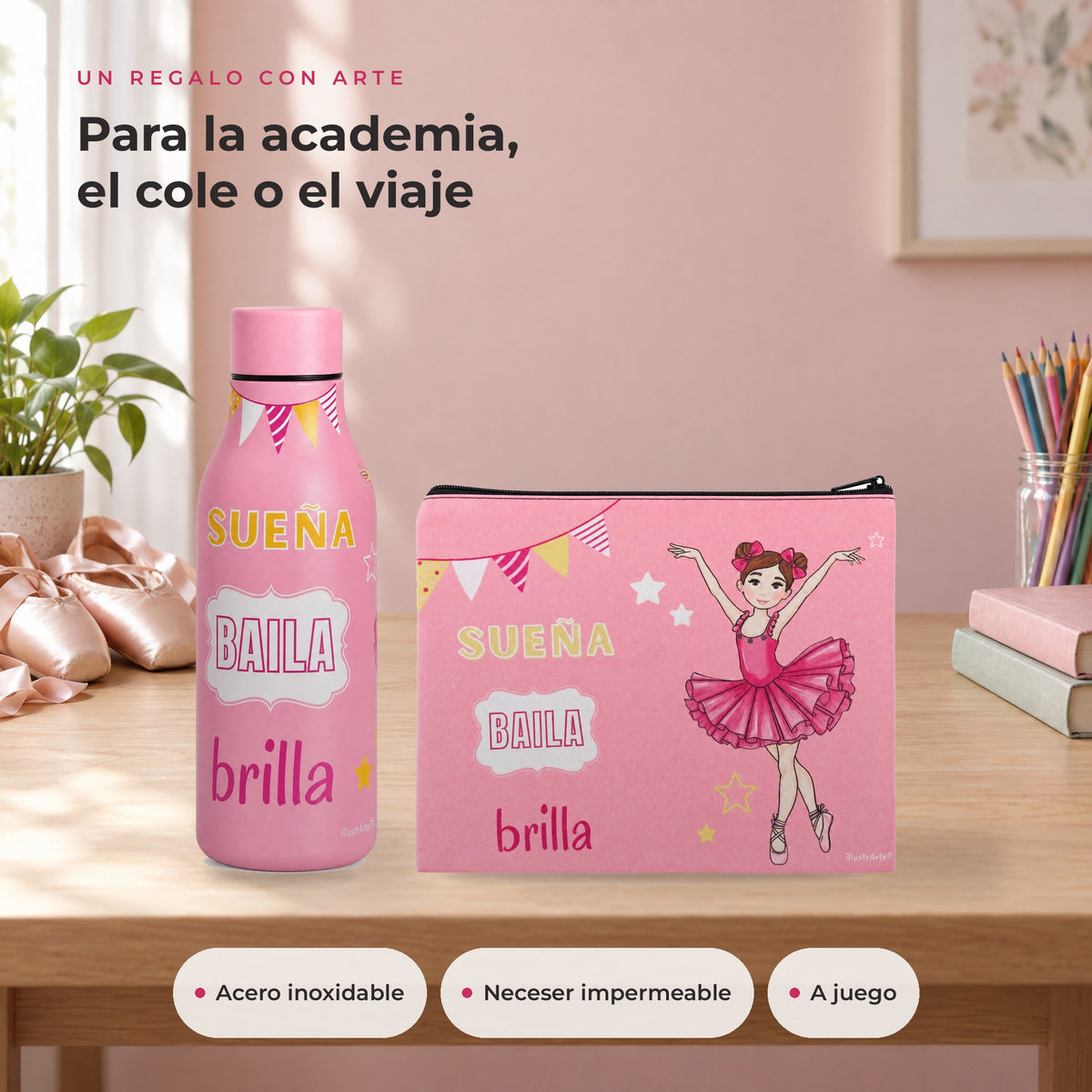 Pack Botella Térmica Bailarina + Neceser Granada – diseño Marina (Sueña, Baila, Brilla) – ambiente
