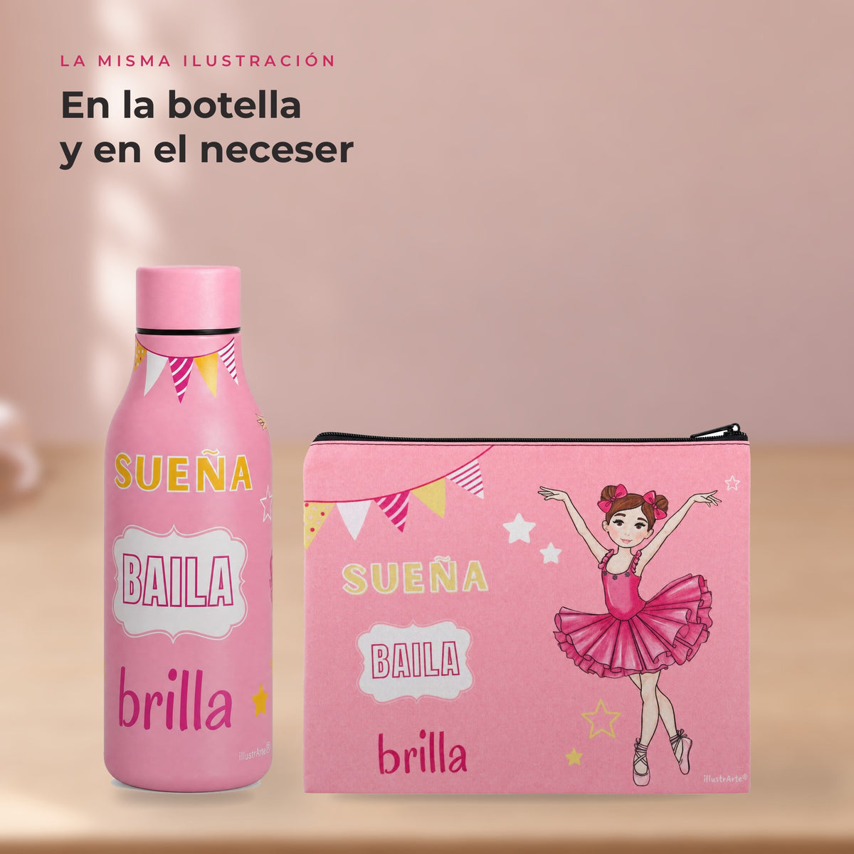 Pack Botella Térmica Bailarina + Neceser Granada – diseño Marina (Sueña, Baila, Brilla) – detalle